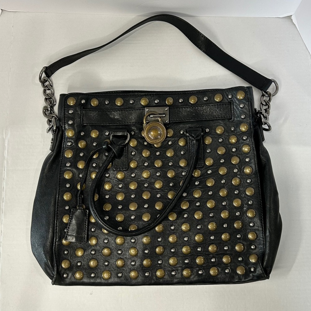 Michael Kors Hamilton Black Leather Studded Satchel Bag Metal Padlock Purse